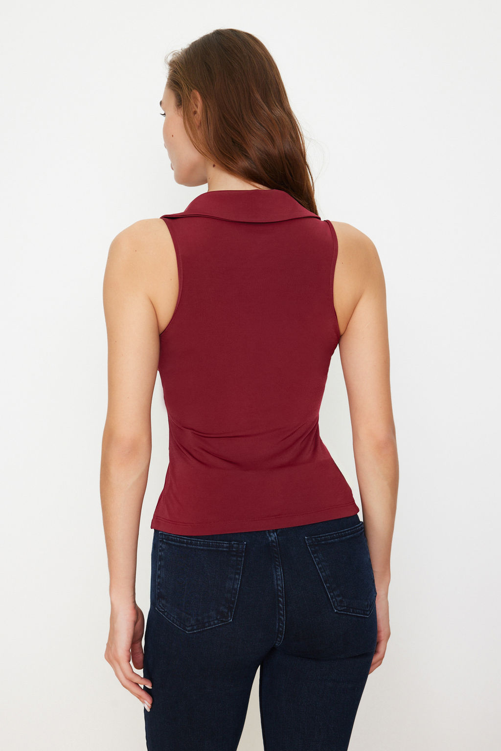 Trendyolmilla Bordo Fitted/Vucuda Oturan Polo Yaka Esnek Orme Bluz TWOSS24BZ00085 фото 12