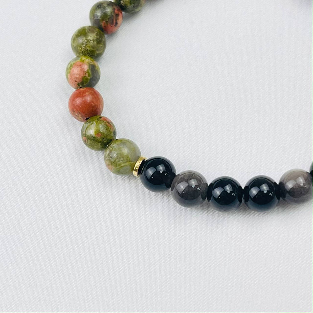 Браслет "Стихия Земля" из Обсидиана, Унакита и Родохрозита 17 см