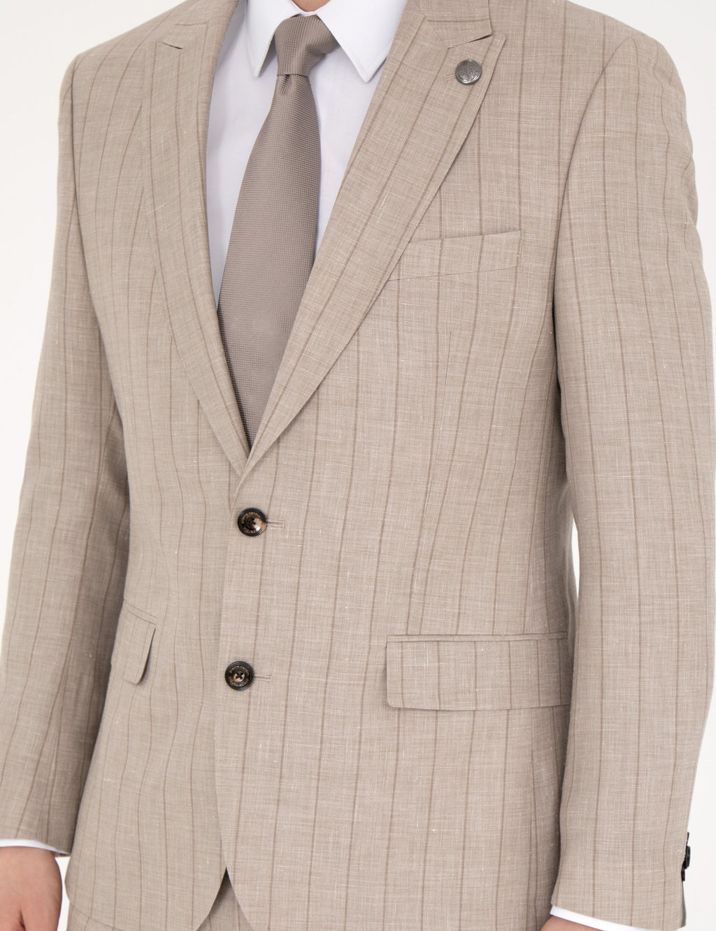 Bej Slim Fit Y_n Keten Kar___ml_ _izgili Tak_m Elbise