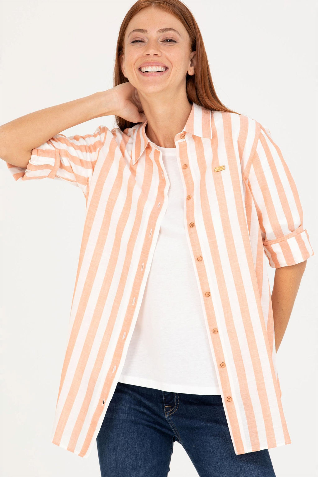 Женская льняная рубашка с длинным рукавом кирпичного цвета - U.s. polo assn фото 2