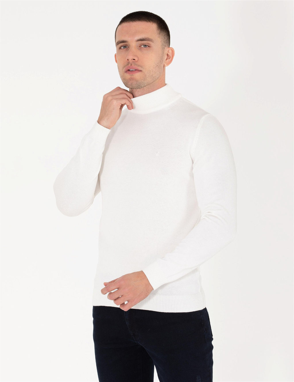 Ekru Slim Fit Yar_m Bal_k__ Yaka Basic Triko Kazak