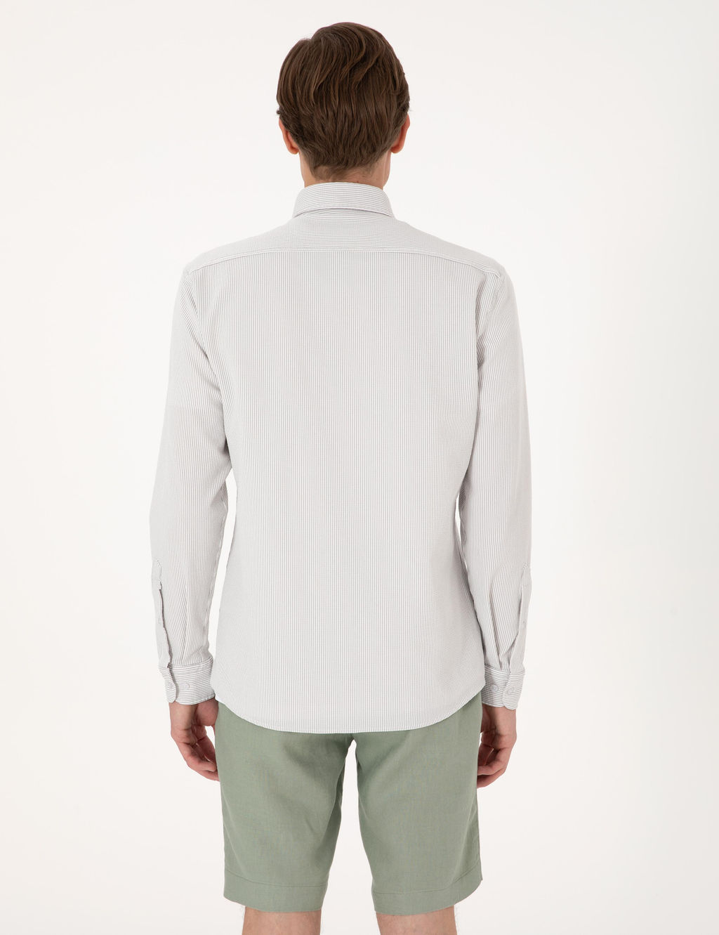 Gri Slim Fit _izgili Uzun Kollu G_mlek