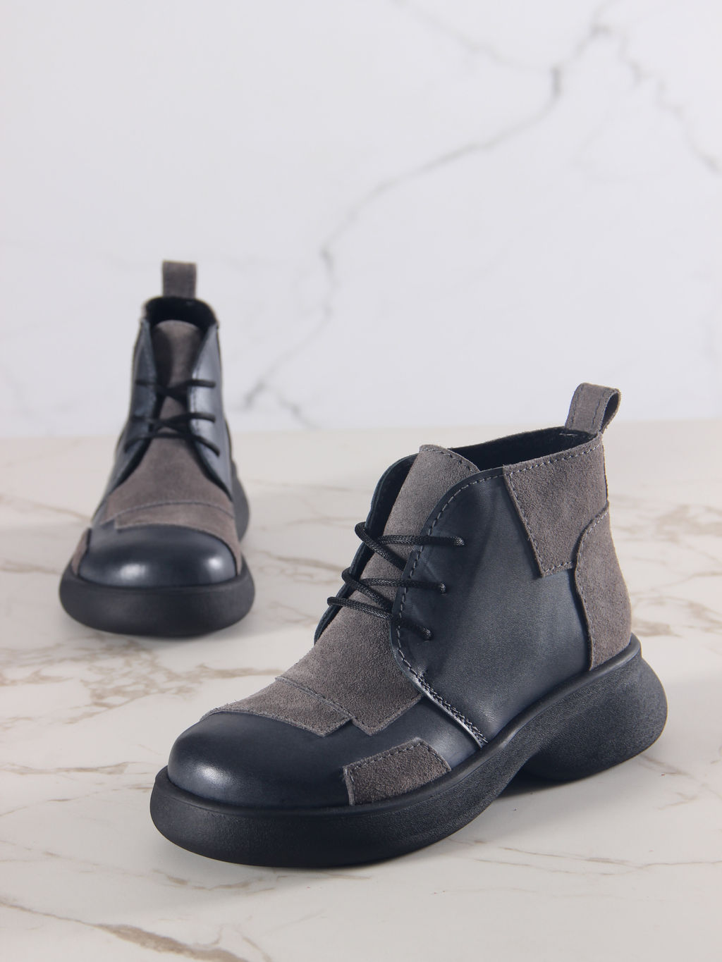 Ботинки 305.927bl.Вакса черная+серый замок замша/шерсть