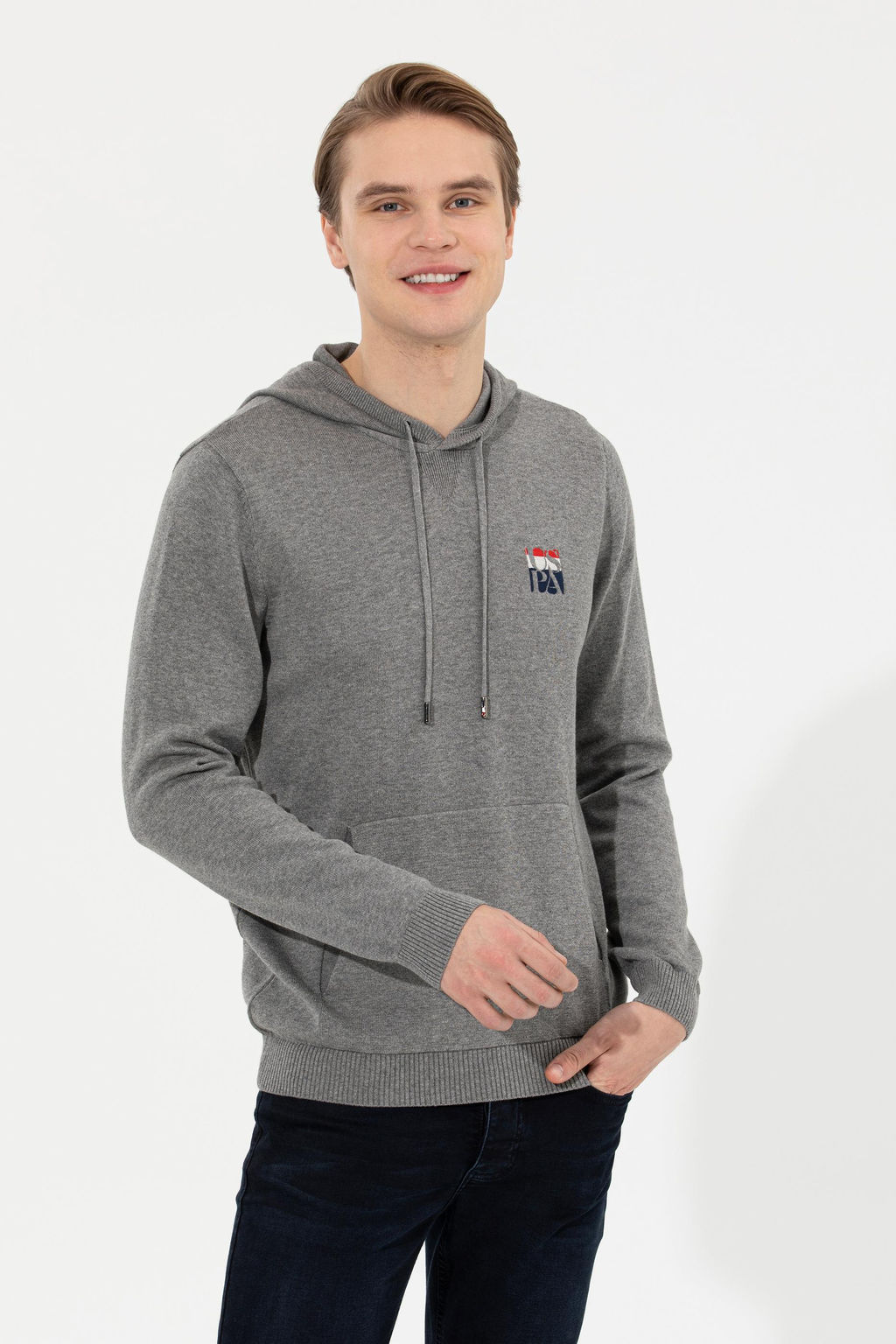 U. S. Polo Assn Мужской серый меланжевый вязаный свитер с капюшоном - U.s. polo assn фото 2