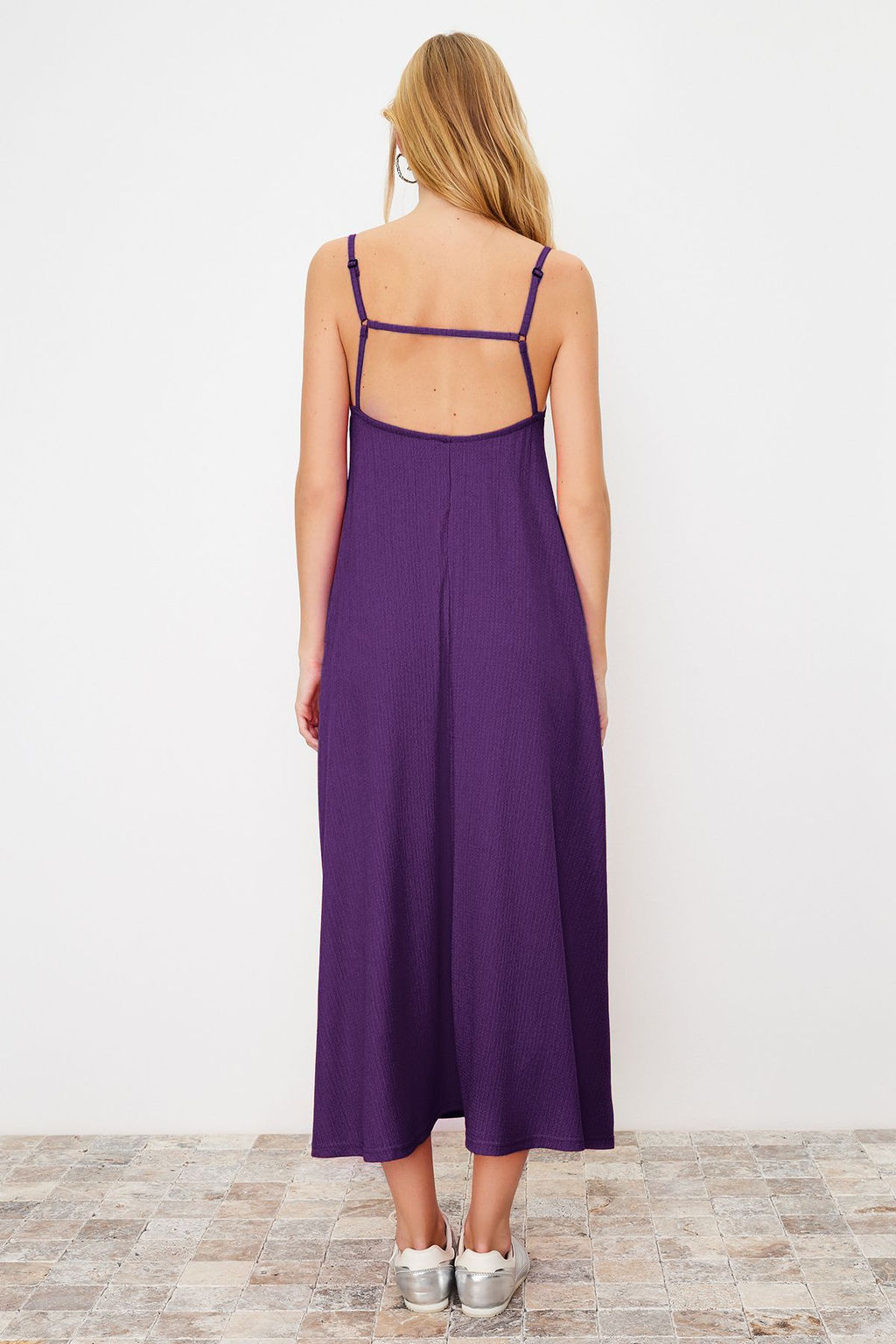 Mor Ayarlanabilir Ask?l? Kare Yaka A-Line Burumcuk/Dokulu Orme Maxi Elbise TWOSS24EL00060