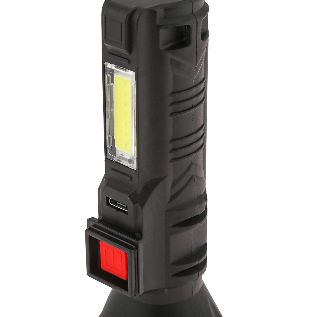Фонарь ручной 14х5,8х5,8см, 4 режима свечения: максимальный; экономичный; сигнальный; боковой на панеле корпуса, две светодиодные лампы OSL/COB LED, встроенный аккумулятор емкостью 800 мАч, пластиковый корпус, цвет - черный, с USB зарядкой, USB-кабел - Домашняя мода фото 4