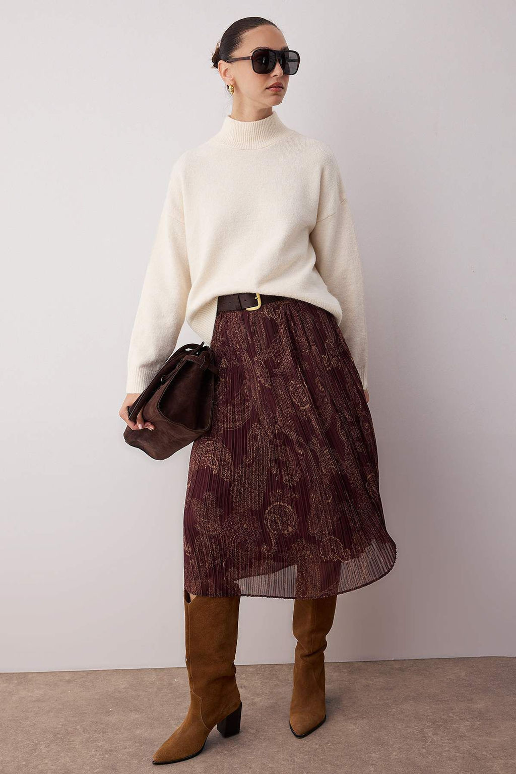 Bordo Sal Desenli Piliseli Sifon Dokuma Midi Etek TWOAW26ET00041