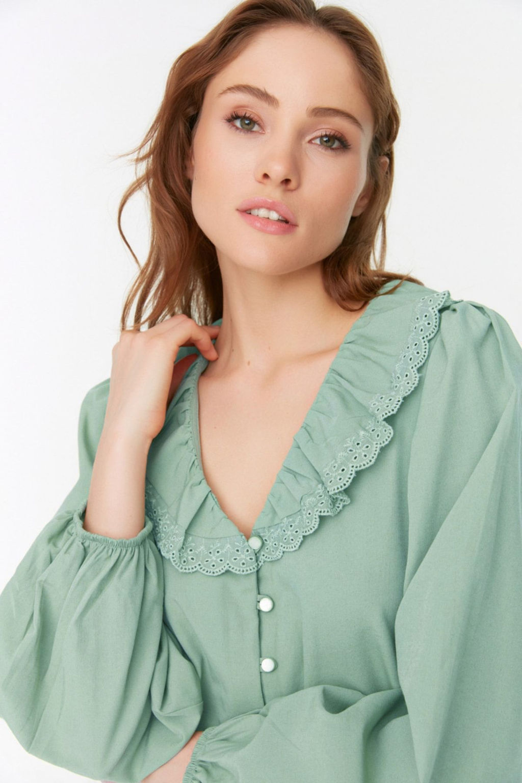 TRENDYOLMILLA Mint Yaka Dantel Detayl? Dokuma Gomlek TWOSS22GO0235 фото 3