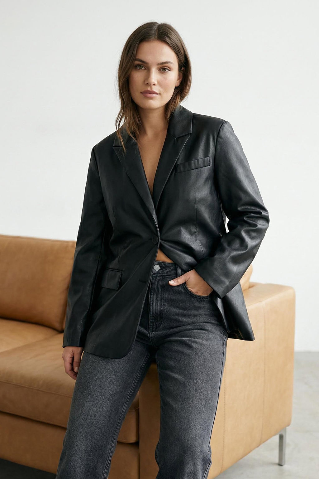 Limited Edition Siyah Y?kamal? Suni Deri Blazer Ceket TWOAW26BC00033 - Trendyolmilla фото 10