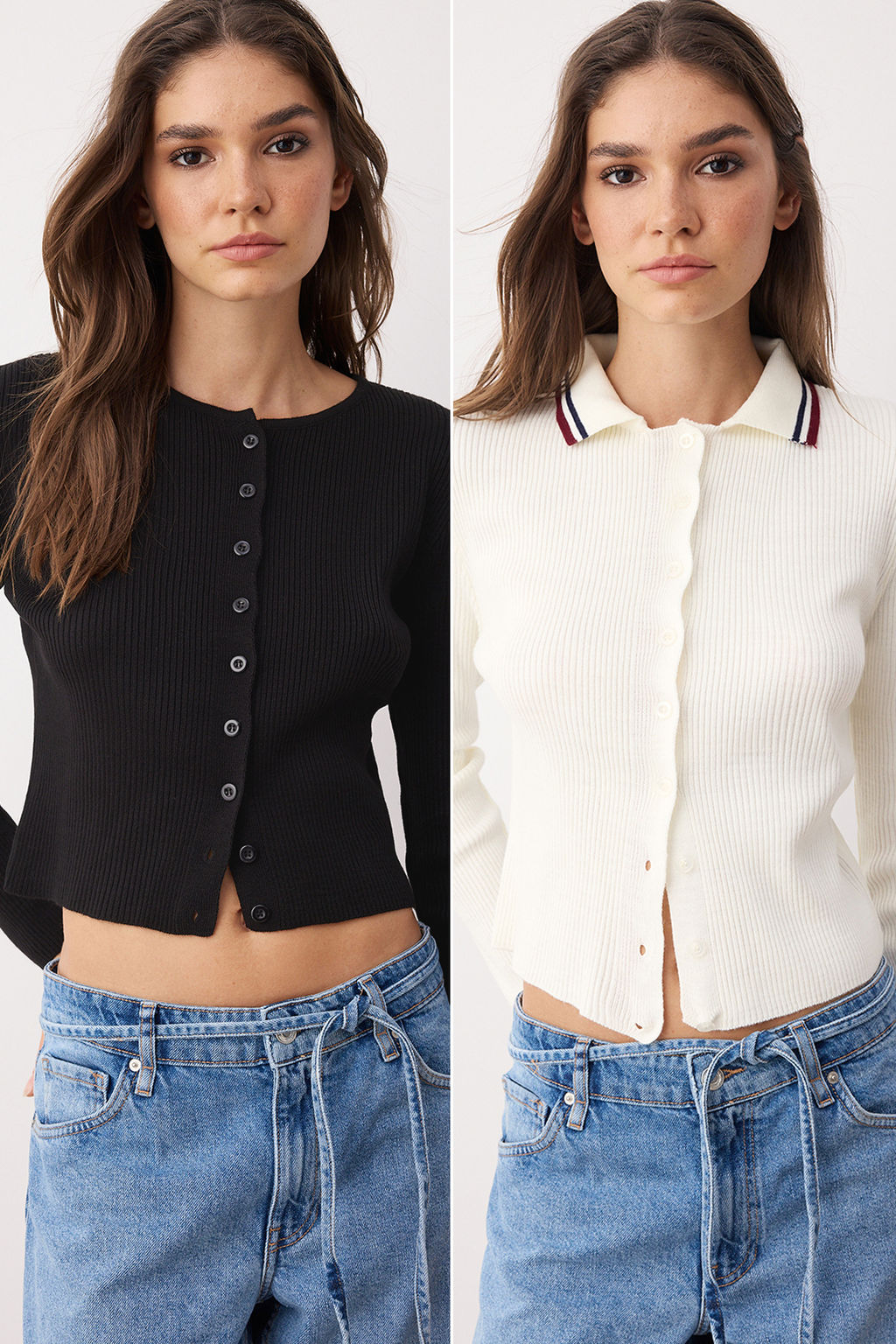 Siyah*001-Ekru Crop Renk Bloklu-Duz Ikili Paket Triko H?rka TWOAW26HI00127
