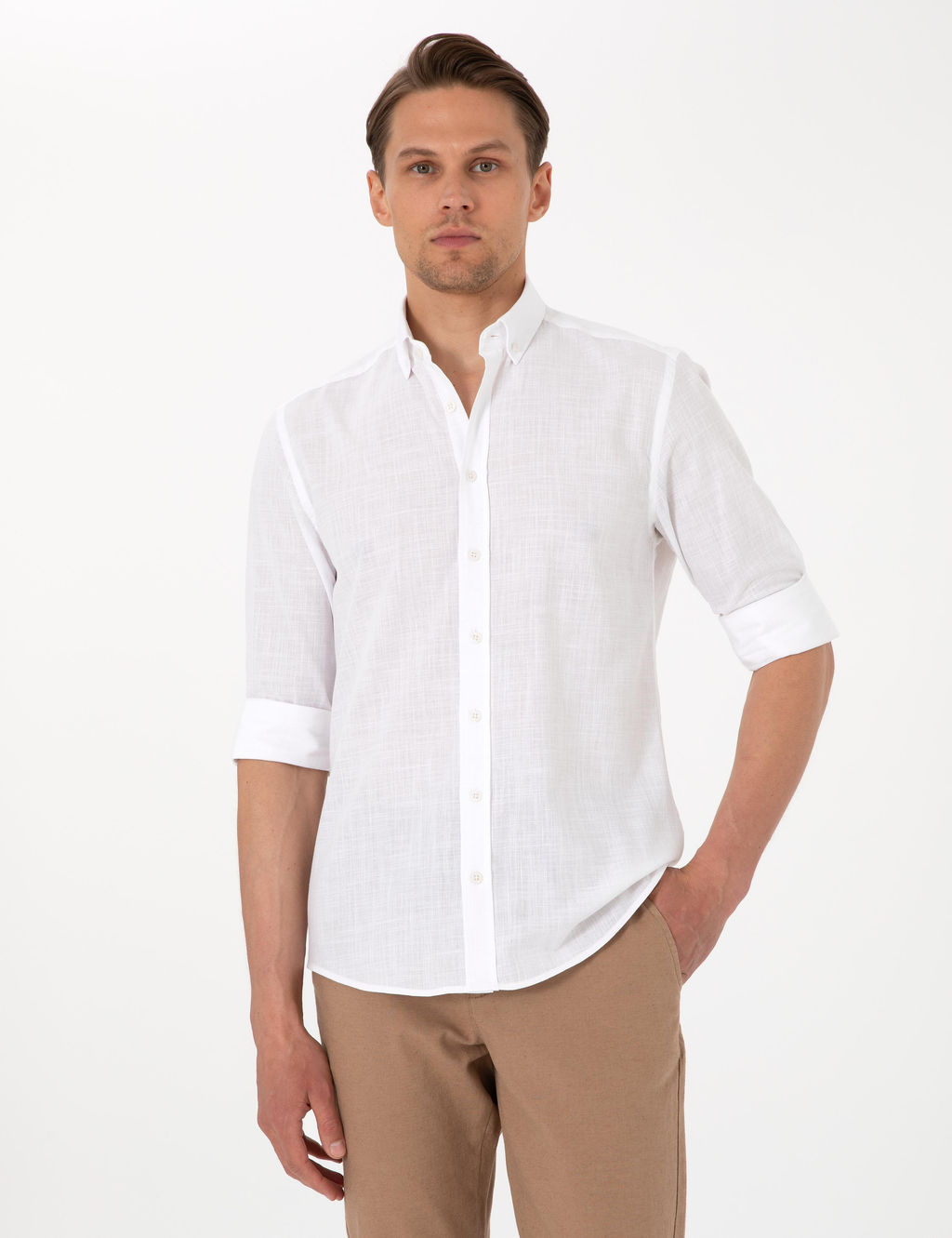 Beyaz Keten G_r_n_ml_ Slim Fit Uzun Kollu G_mlek