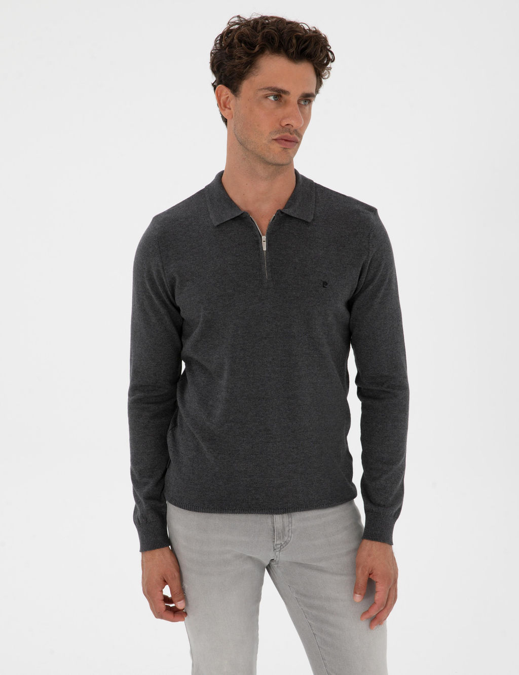 Antrasit Melanj Slim Fit Polo Yaka Fermuarl_ Basic Triko Kazak - Pierre cardin фото 3
