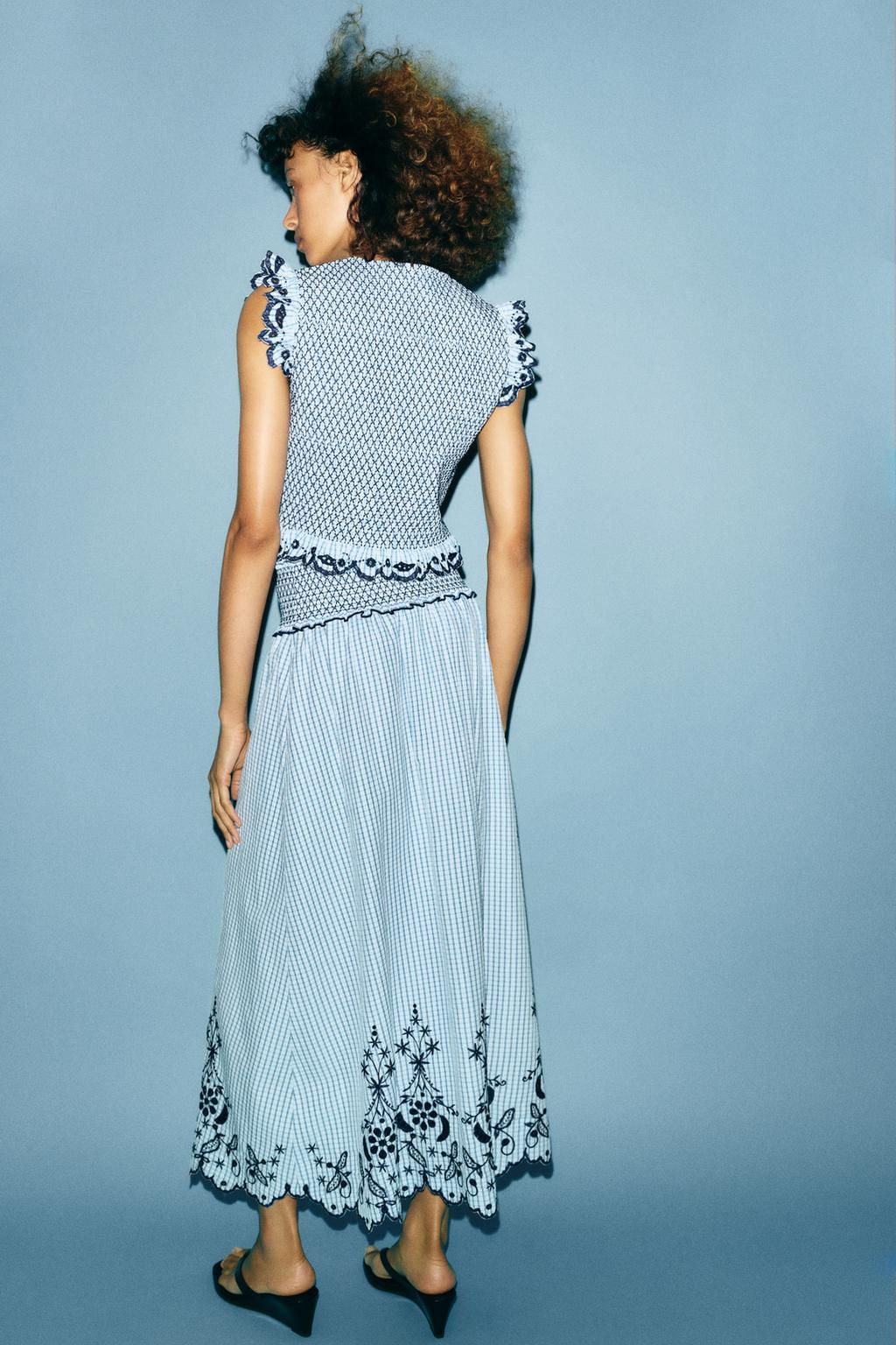 EMBROIDERED CHECK MIDI SKIRT - Zara фото 4