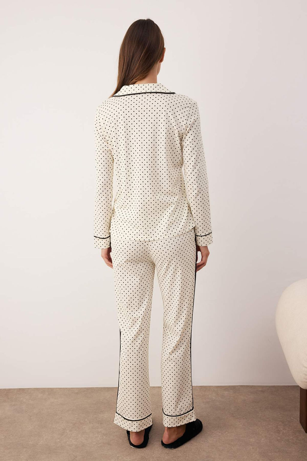 Beyaz %100 Pamuklu Puantiye Desenli Biyeli Orme Pijama Tak?m? THMAW26PT00158 - Trendyolmilla фото 4