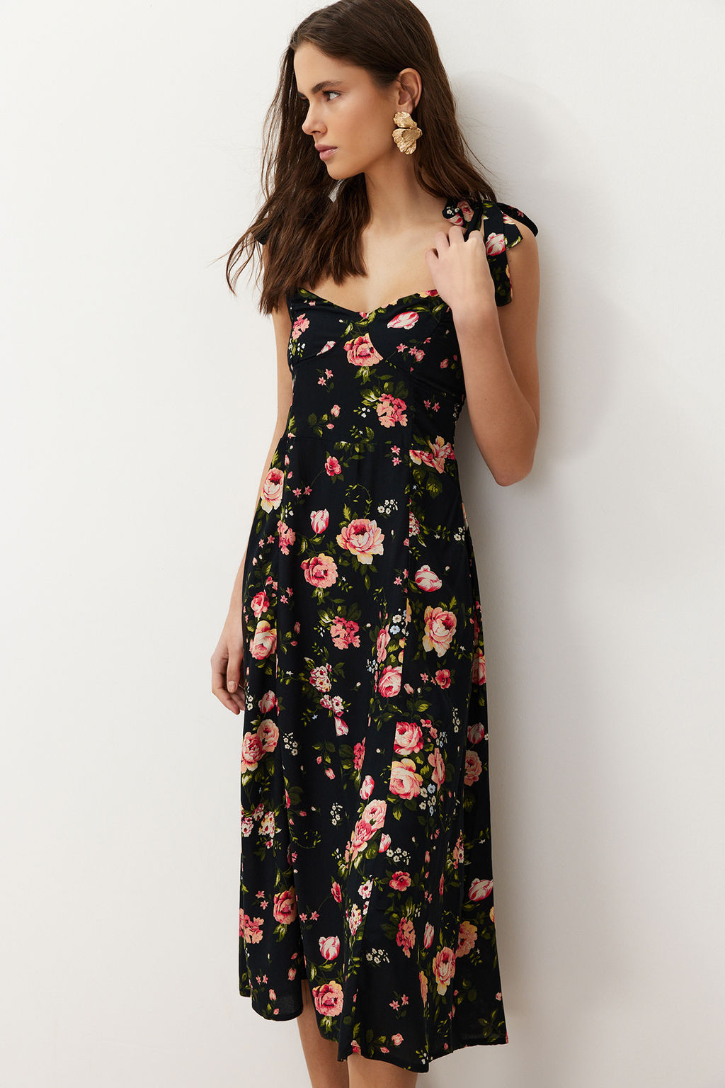 Siyah Cicekli A Kesim Viskon Midi Dokuma Elbise TWOSS24EL00714 - Trendyolmilla фото 3