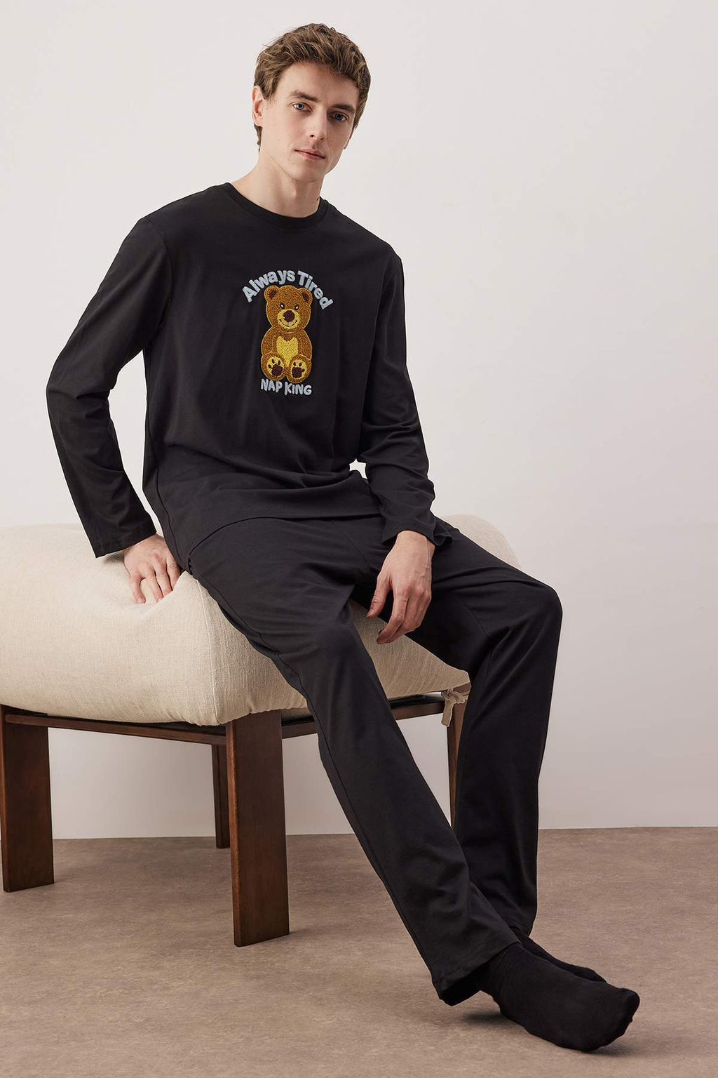 TRENDYOL MAN Siyah Ay?c?k Nak?sl? Regular Fit Orme Pijama Tak?m? TMNAW25PT00032 - Trendyolmilla фото 3