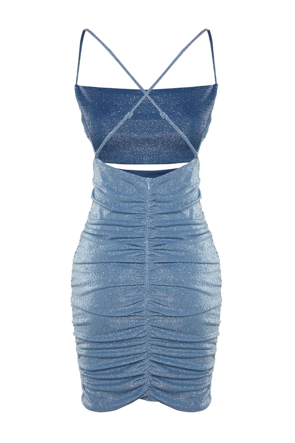 TRENDYOLMILLA Mavi Vucuda Oturan Astarl? Par?lt?l? Orme K?sa S?k Abiye Elbise TPRSS23EL00425  фото 9