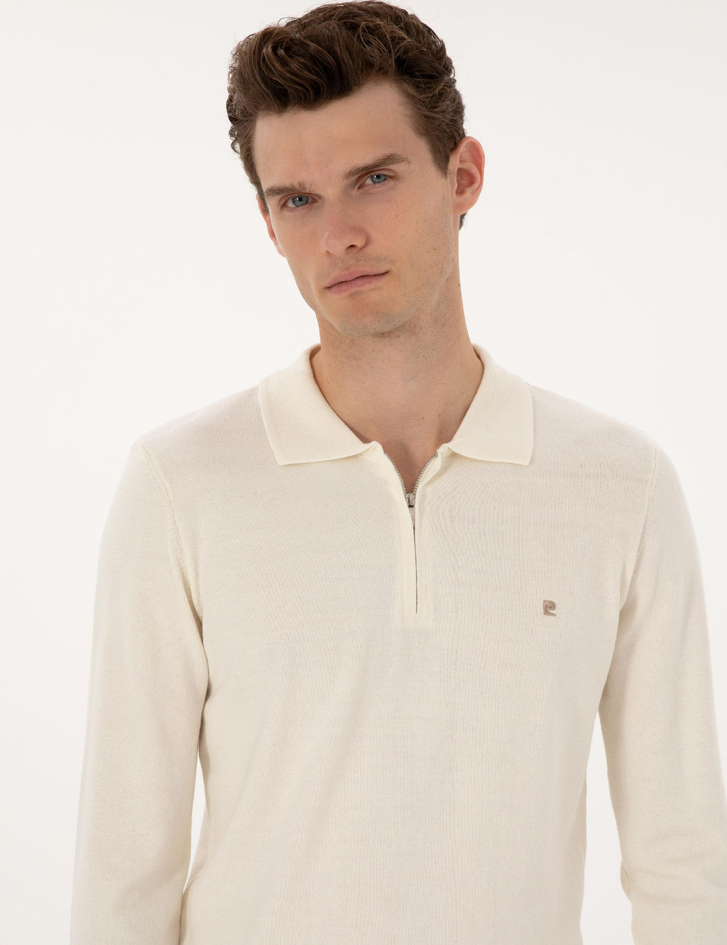 Ekru Slim Fit Polo Yaka Fermuarl_ Basic Triko Kazak - Pierre cardin фото 2
