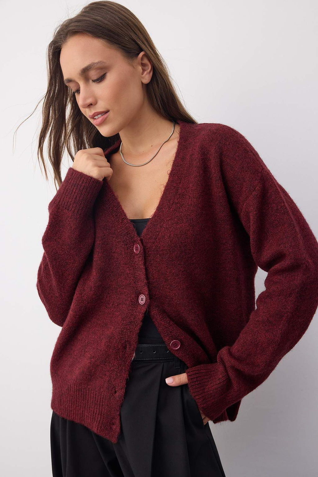 Wardrobe Essentials Bordo Yunlu Genis Kal?p V Yaka Triko H?rka | TWOAW26HI00083