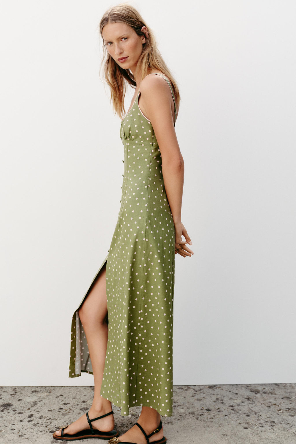 VESTIDO MIDI LUNARES CON LINO / Multicolor