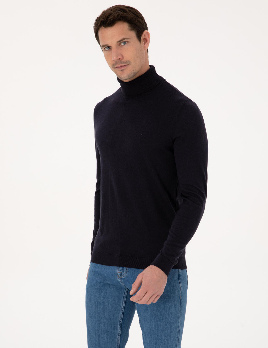 Lacivert Slim Fit Pamuk Kar___ml_ Bal_k__ Yaka Basic Triko Kazak