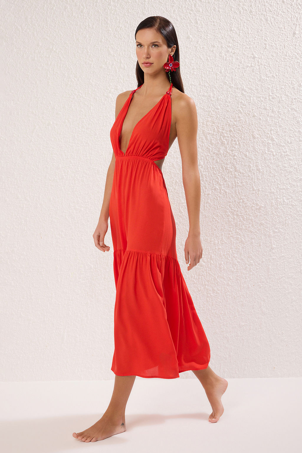 K?rm?z? Dokuma Aksesuar Detayl? Maxi Plaj Elbise TBESS25EL00081