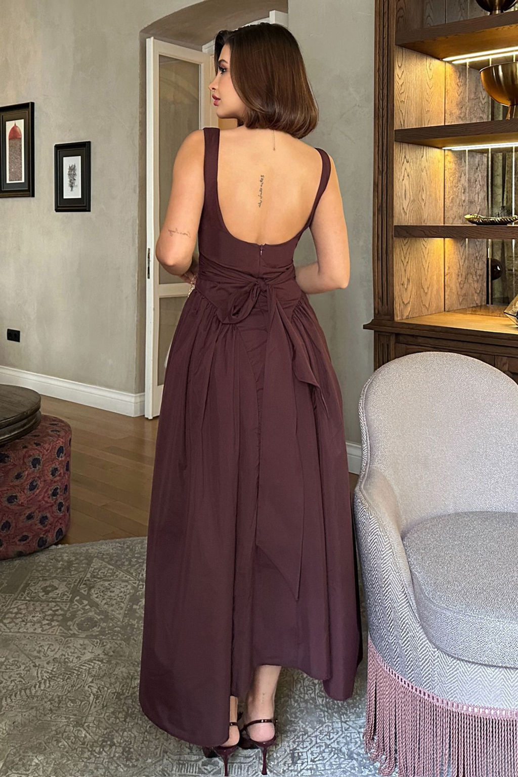 Kahverengi A-Kesim Poplin Dokuma S?k Elbise TPRSS25EL00158