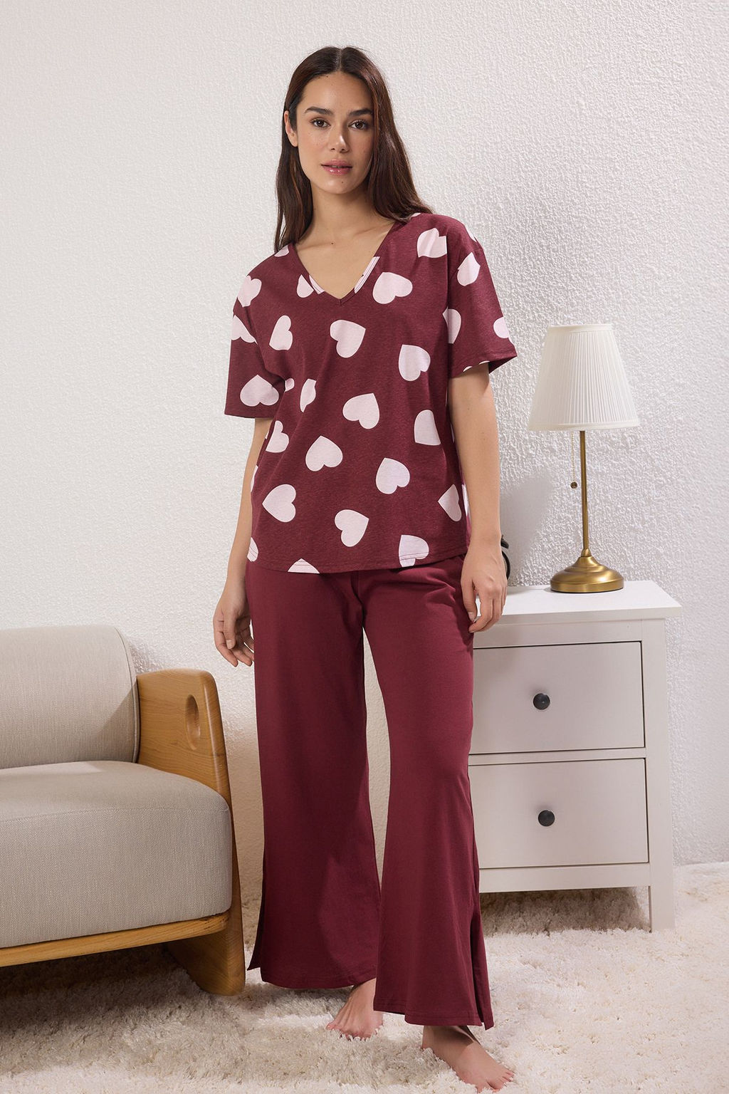 Trendyolmilla Bordo-Cok Renkli %100 Pamuklu Kalpli ve Y?rtmac Detayl? Orme Pijama Tak?m? THMSS25PT00277  фото 5