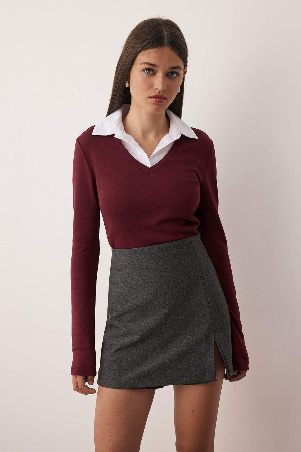 Bordo Dokuma Detayl? Gomlek Yaka Regular/Normal Kal?p Orme Bluz TWOAW25BZ00035