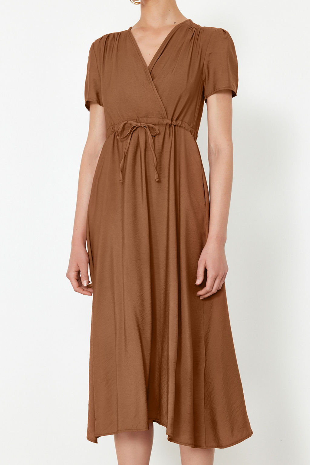 Kahverengi Belden Ac?lan V Yaka Midi Dokuma Elbise TWOSS24EL00501 - Trendyolmilla фото 4