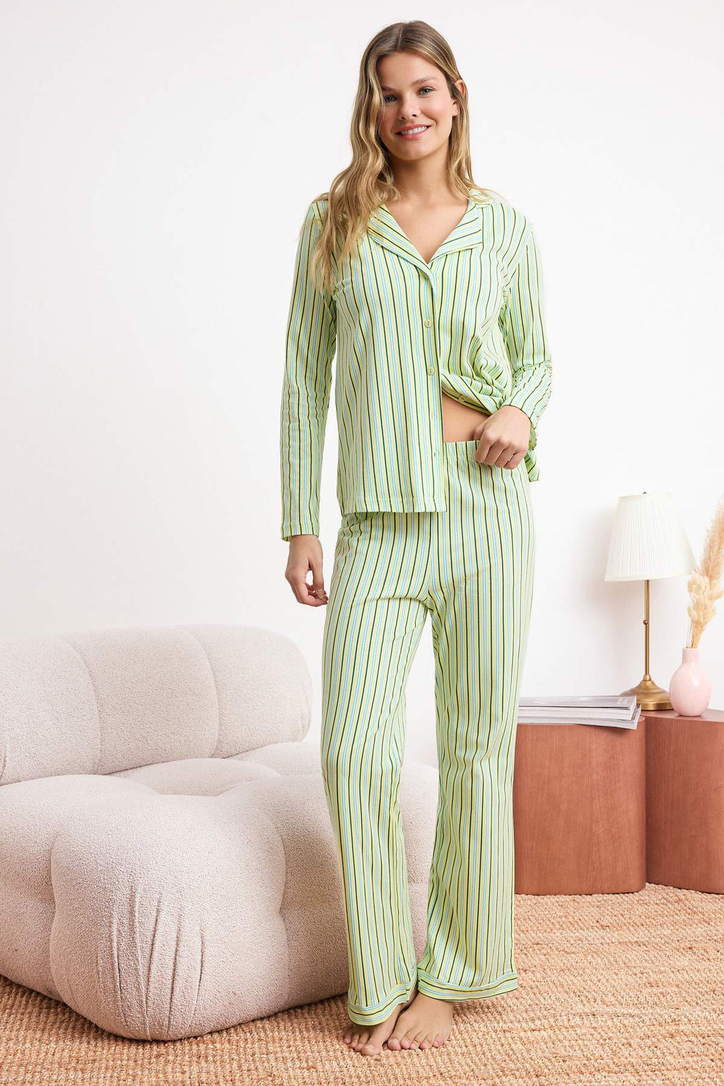 Trendyolmilla Pembe %100 Pamuklu Cizgili Gomlek-Pantolon Orme Pijama Tak?m? THMAW24PT00144 фото 22