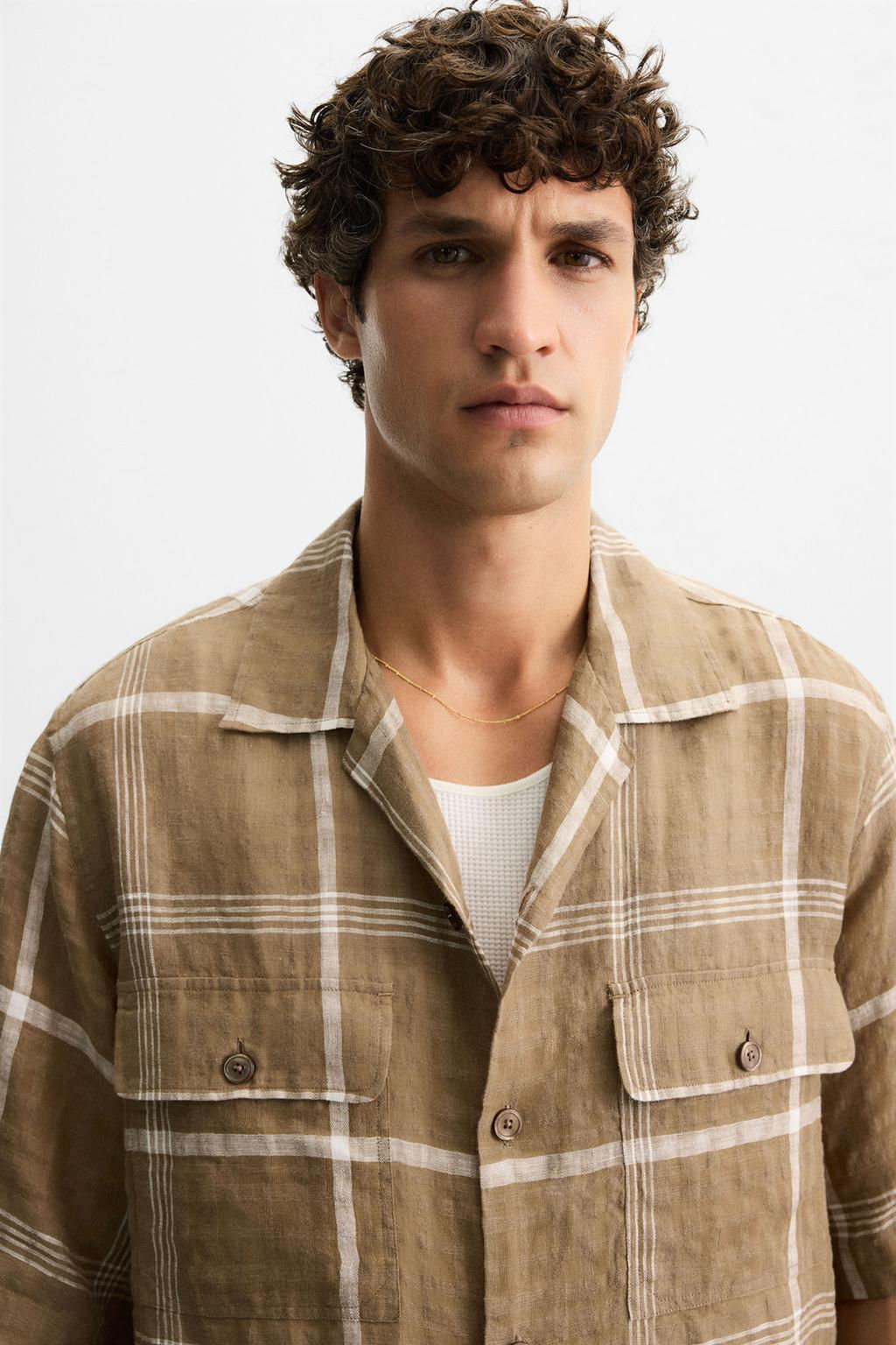 CHECKED LINEN/COTTON SHIRT - Zara фото 5