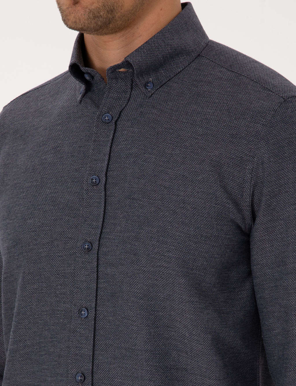 Lacivert Slim Fit Dokulu Uzun Kollu G_mlek