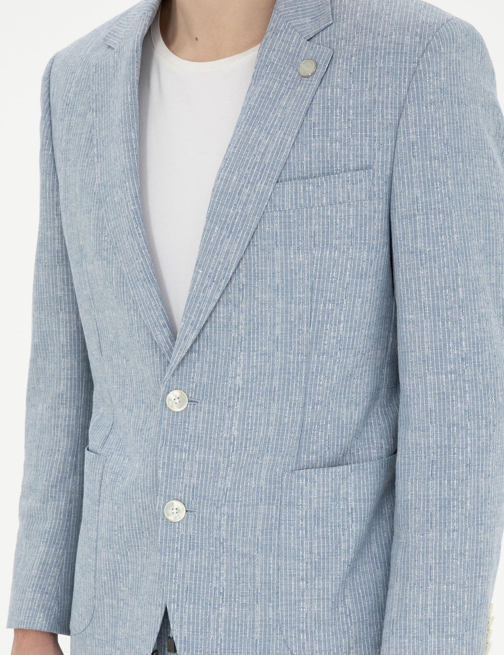 A__k Mavi Slim Fit Keten Kar___ml_ _izgili Tak_m Elbise