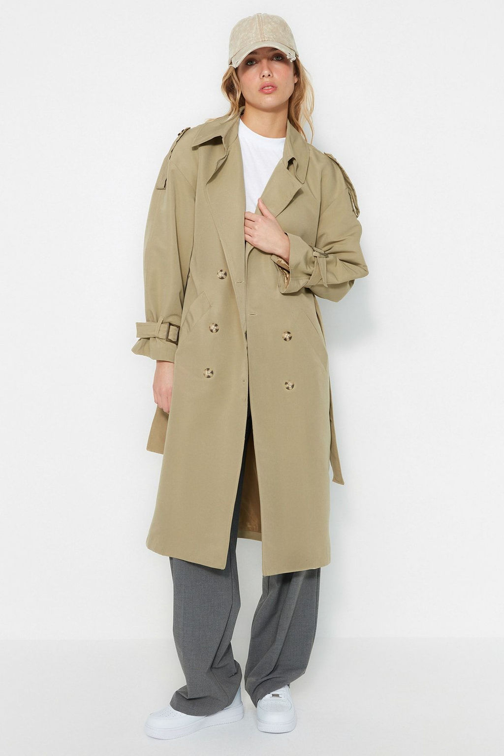 Trendyolmilla Haki Kemerli Ruzgarl?k Detayl? Su Itici Uzun Trenckot TWOSS21TR0005  фото 25