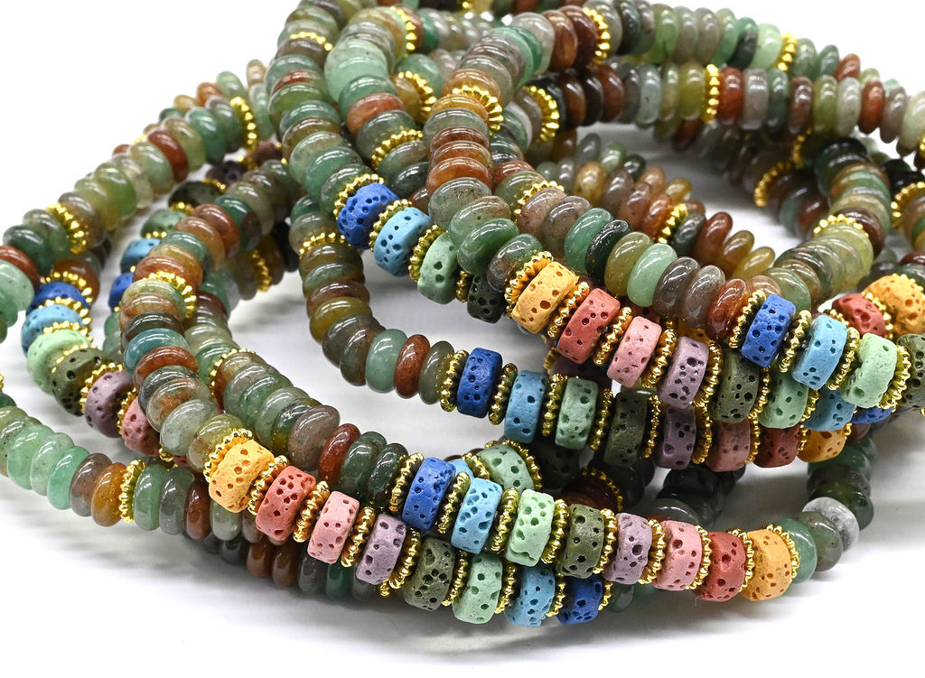 Браслет из авантюрина диски 6*2мм со вставками из лавы, 16см