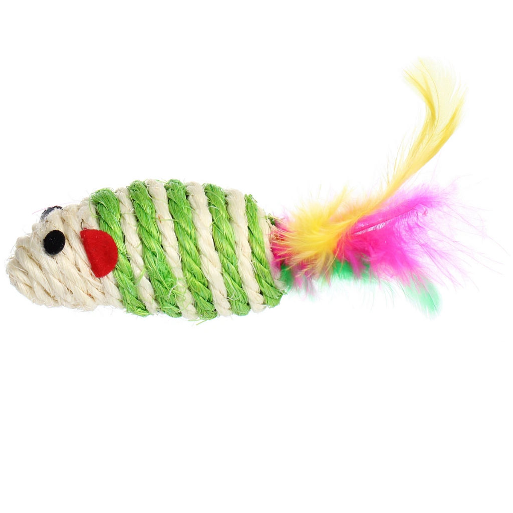 Цена за 6 шт. Игрушка - мышка для кошек "ЦЕПКИЕ ЛАПКИ", канатная с пёрышками, микс 3 цвета, 7*3,5см (пакет с хедером)