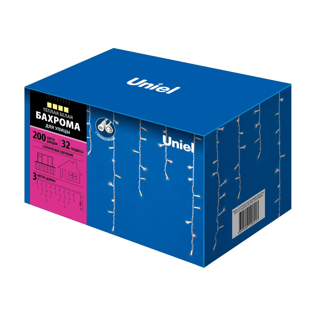 ULD-B3010-200/SWK WARM WHITE IP67 Бахрома светодиодная со статическим свечением, 3м. Соединяемая. 200 светодиодов. Теплый белый свет. Провод белый. TM Uniel. - Volpe фото 19