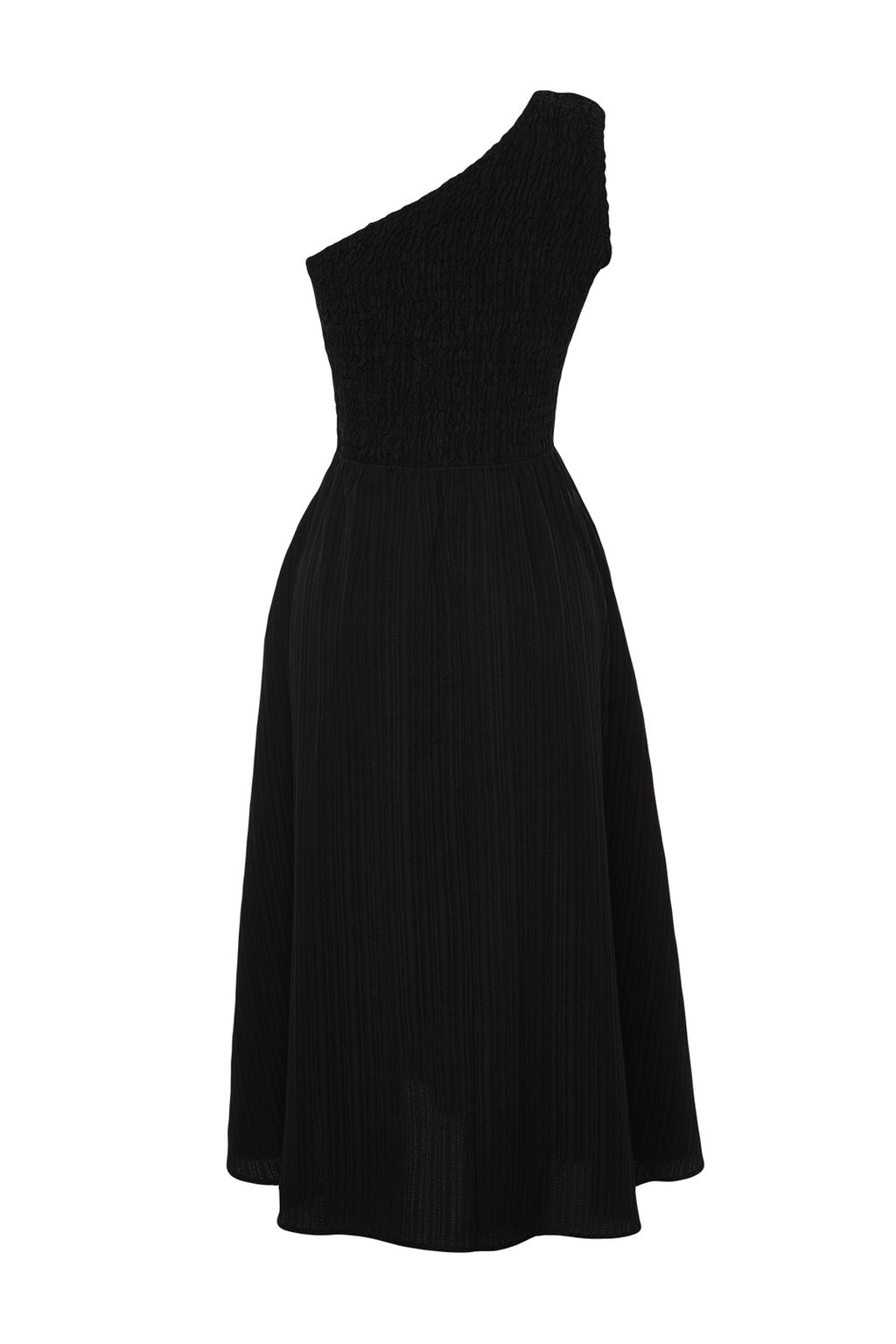 Siyah Belden Ac?lan Ust Bedeni Gipeli Tek Omuz Midi Dokuma Elbise TWOSS23EL01830