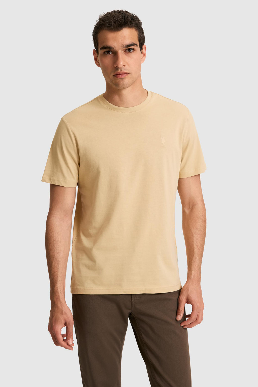 Erkek Regular Fit Bisiklet Yaka Bej Basic Ti__rt