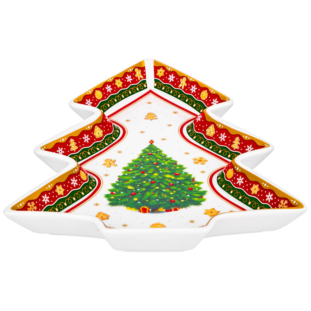 Блюдо сервировочное 450 мл 20,5*25,5*2,5 см "Новогодняя елка" красный узор NEW BONE CHINA