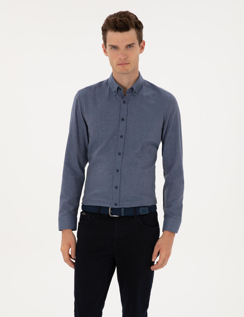Koyu Mavi Flanel Dokulu Slim Fit Uzun Kollu G_mlek