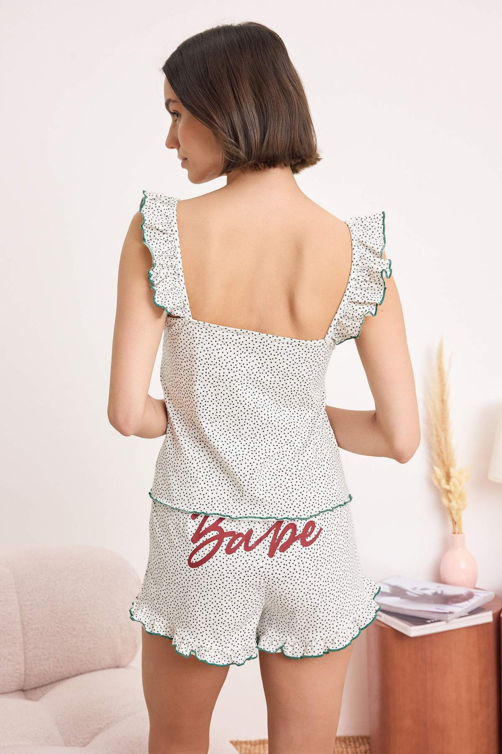 Beyaz Pamuklu Puantiyeli Slogan Bask?l? F?rf?rl? Orme Pijama Tak?m? THMSS26PT00143 - Trendyolmilla фото 4