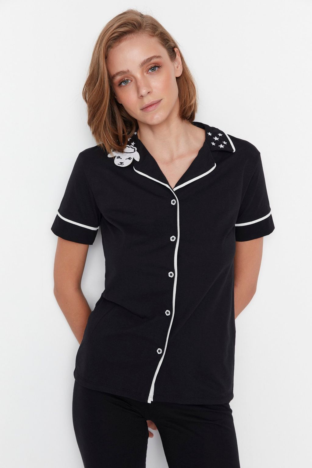 Trendyolmilla Siyah Pamuklu Yaka Kuzu Bask?l? Dar Kal?p Orme Pijama Tak?m? THMAW22PT0704 фото 9