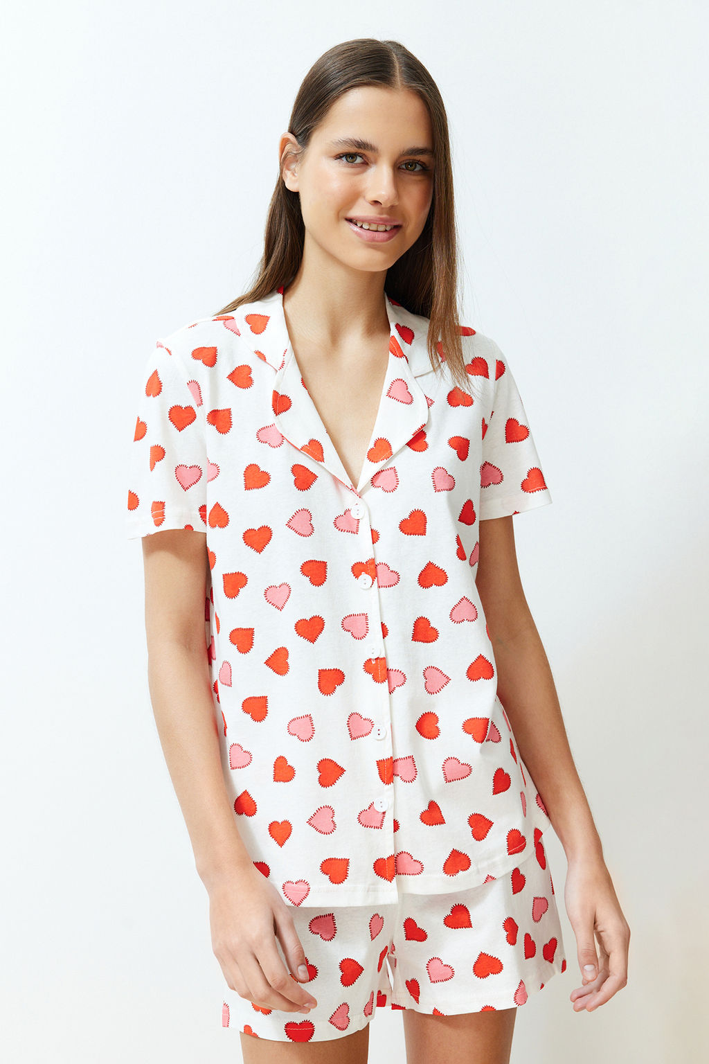 Cok Renkli %100 Pamuklu Kalpli Sortlu Orme Pijama Tak?m? THMSS24PT00152 - Trendyolmilla фото 3