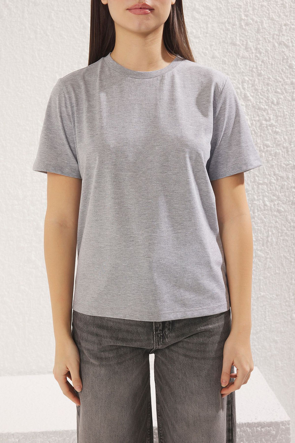 Gri Melanj- Siyah Basic %100 Pamuk Bisiklet Yaka 2li Paket Orme T-Shirt TWOSS20TS0141