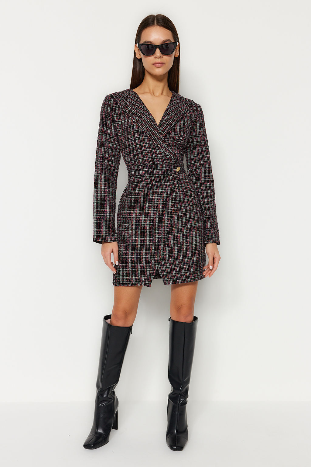 Trendyolmilla Bej Ekose / Kareli Dokuma Elbise TWOAW24EL00339