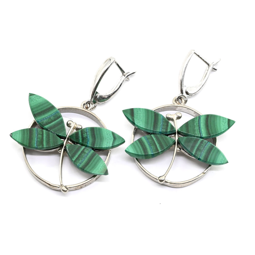 Серьги малахитовые "Стрекозы" 32*26мм