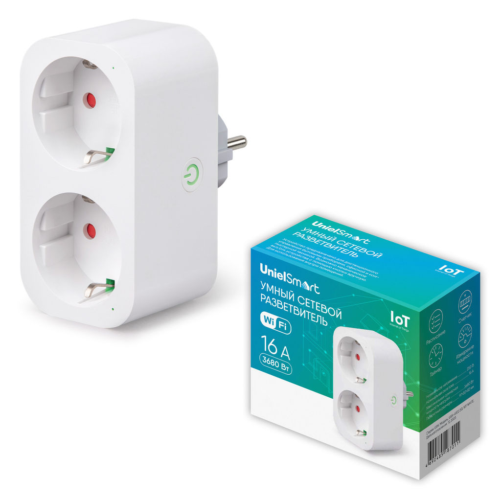 USH-A102 2G/WF WHITE Умный сетевой разветвитель Wi-Fi, 2 гнезда.16A. До 3680Вт. Голосовое управление+приложение UnielSmart. TM Uniel