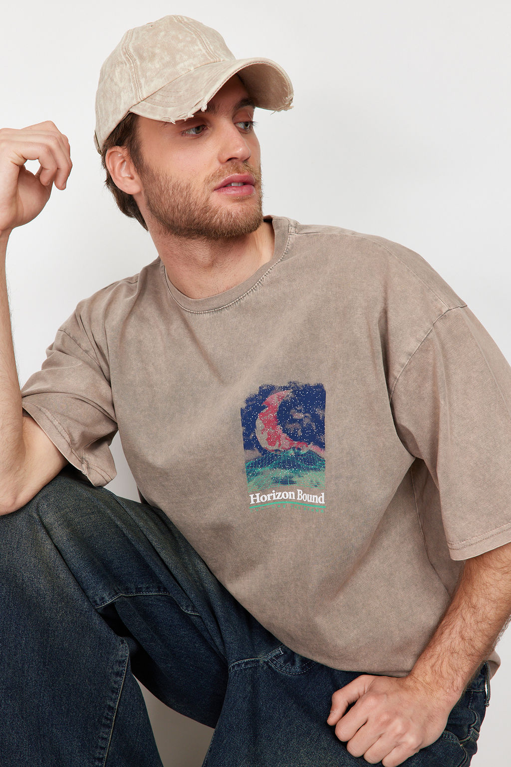 Trendyolmilla Man Vizon Orme Oversize/Genis Kesim Eskitme/Soluk Efektli %100 Pamuklu T-shirt TMNSS24TS00150  фото 3